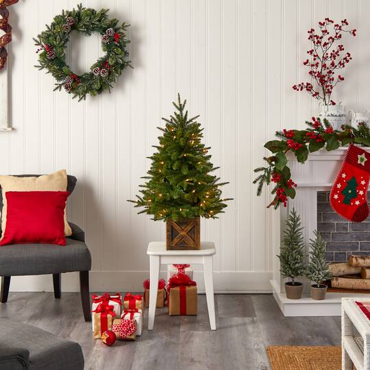 3ft. Pre-Lit Finland Fir Artificial Christmas Tree in Decorative Planter, Warm White Lights